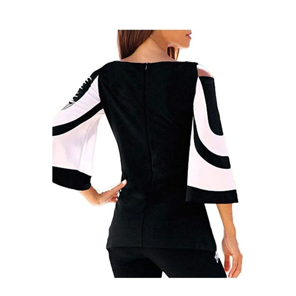 Women Black White Colorblock Cold Shoulder Bell Sleeve Tunic Top 2XL - Picture 2 of 6